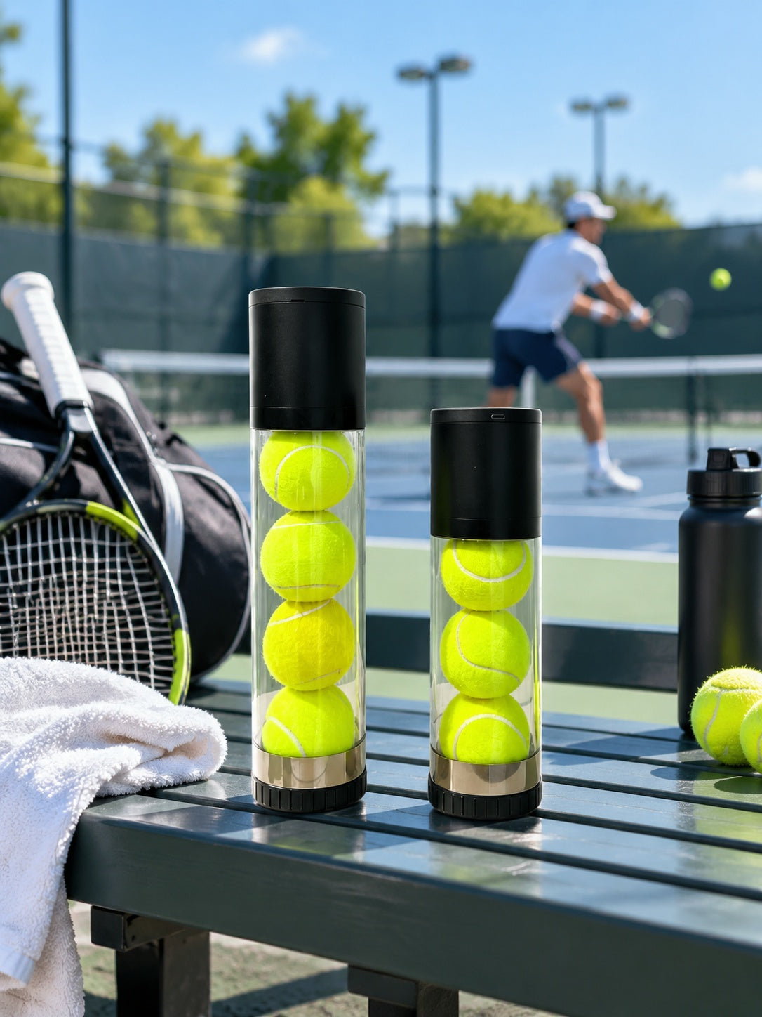 Portable tennis ball pressurizer can fit in tennis bag, outdoor tennis training accessory on court