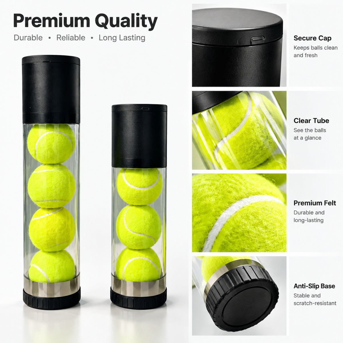 Premium durable tennis ball pressurizer can, clear transparent tube, stainless steel anti-slip base