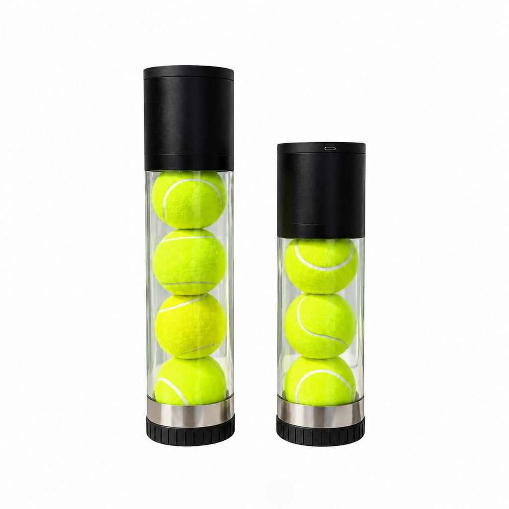 White background product shot, electric tennis ball pressurizer can in 3-ball and 4-ball versions