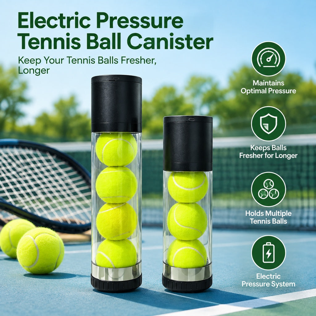 Portable electric tennis ball pressurizer can, keeps tennis balls at 22PSI, transparent tube tennis pressure container